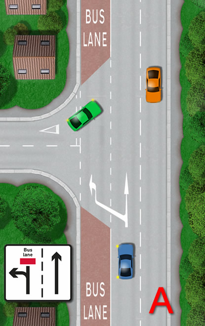 Turning left across a bus lane road markings