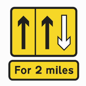 Yellow road sign left lane hard shoulder and contra-flow