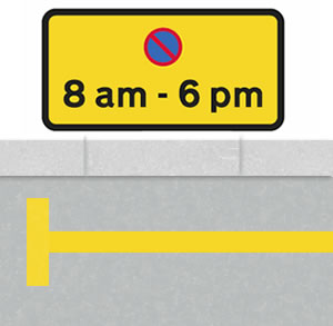 Single yellow lines time restricted sign