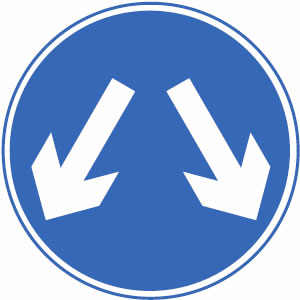 Vehicles may pass either side to reach the same destination sign