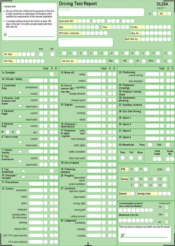 Driving test report sheet