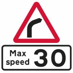 Bend in road to the right sign with advisory speed limit sign plate