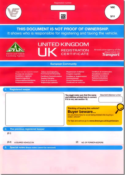 V5C Vehicle Registration Document