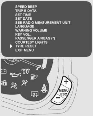 Procedure to reset Ford Ka tyre pressure light